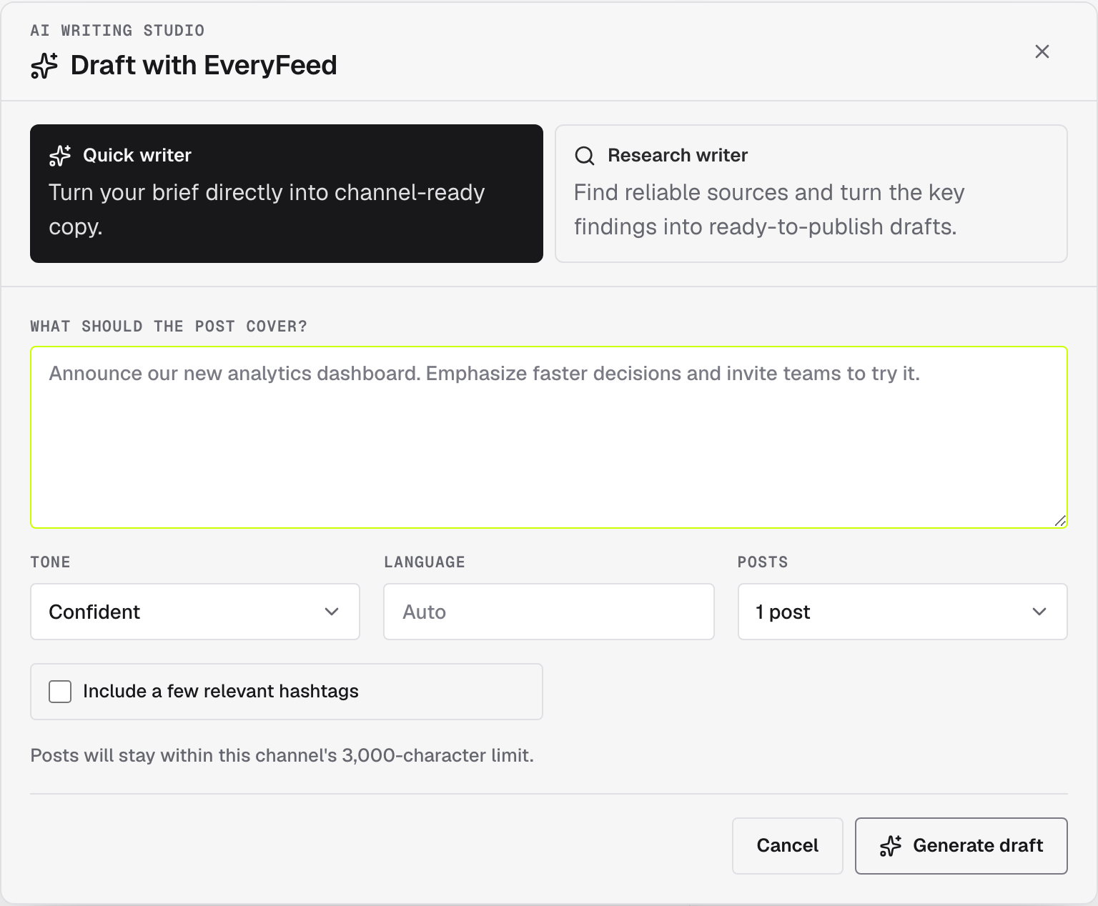 The Draft with EveryFeed studio with Quick writer and Research writer modes