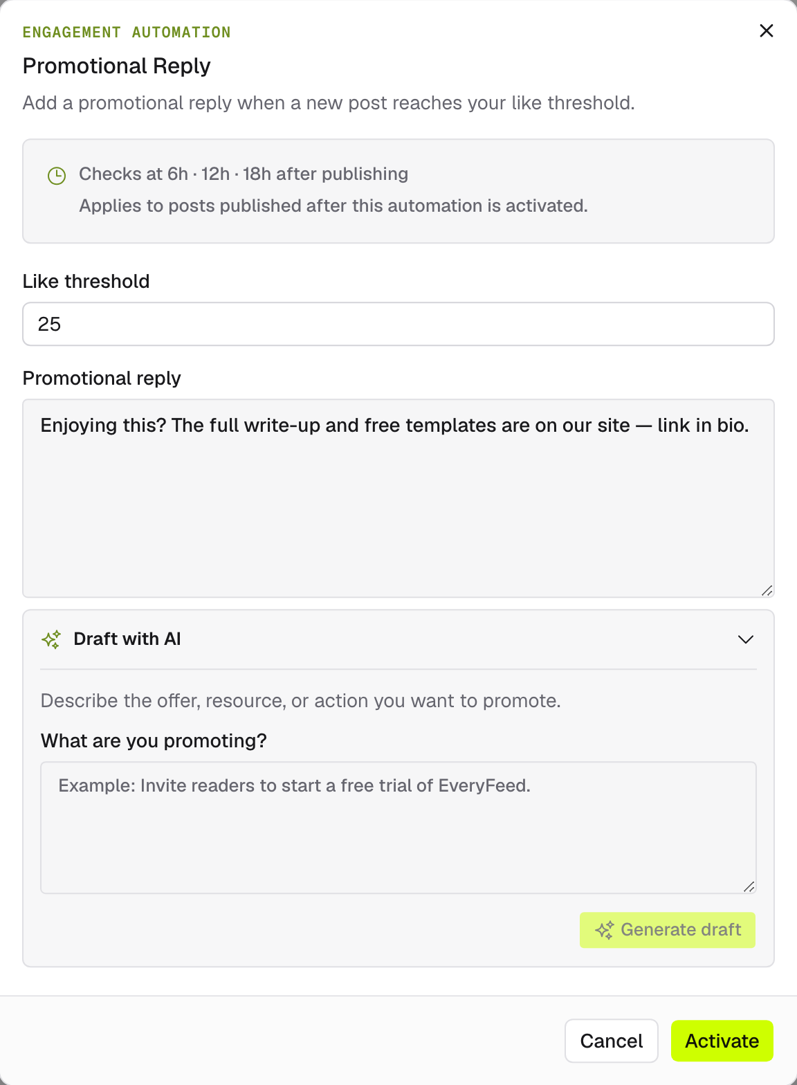 The Promotional Reply dialog: like threshold, reply copy, and the Draft with AI helper