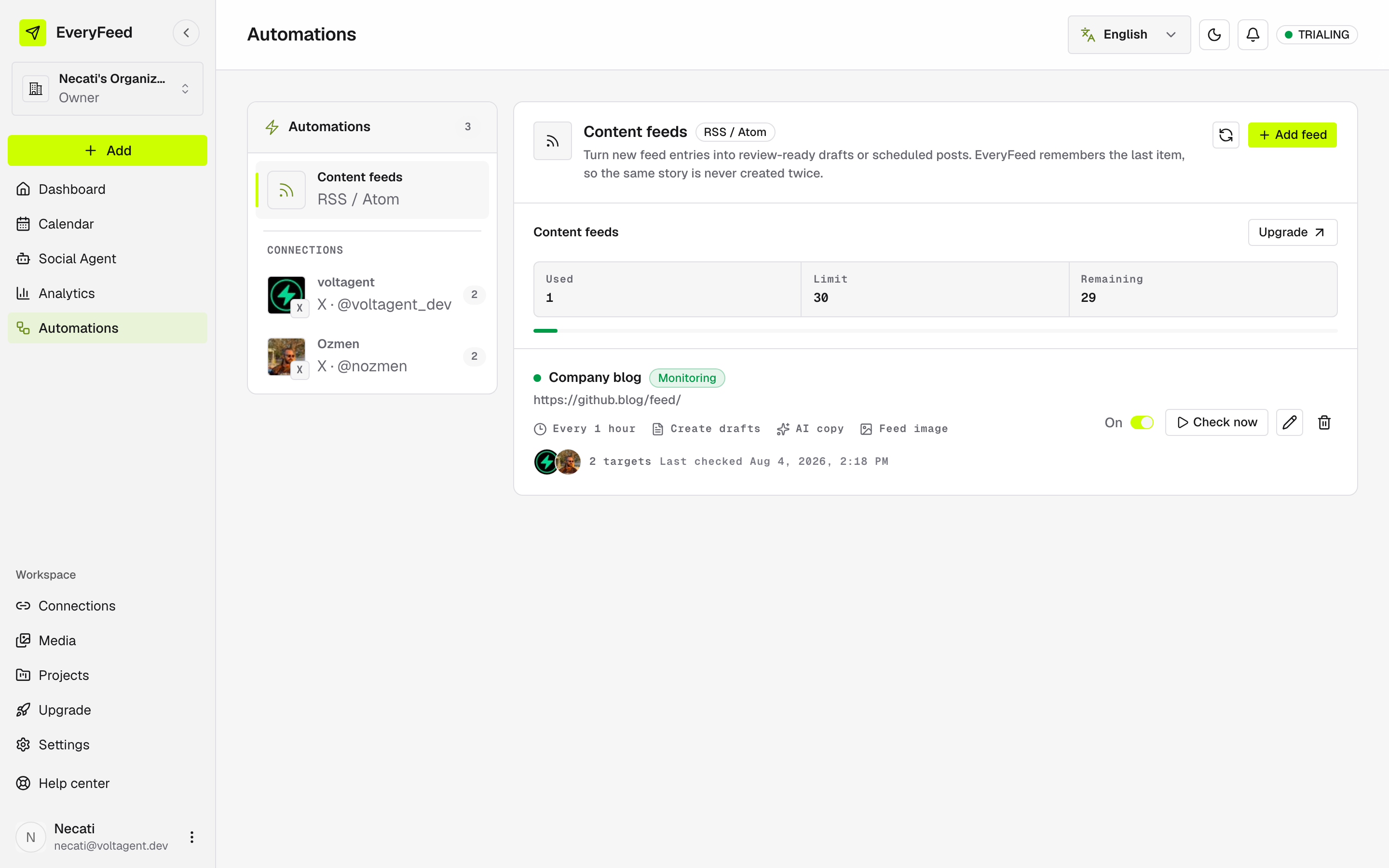 The Automations page: the rail lists Content feeds and each connected channel, with the feeds panel open