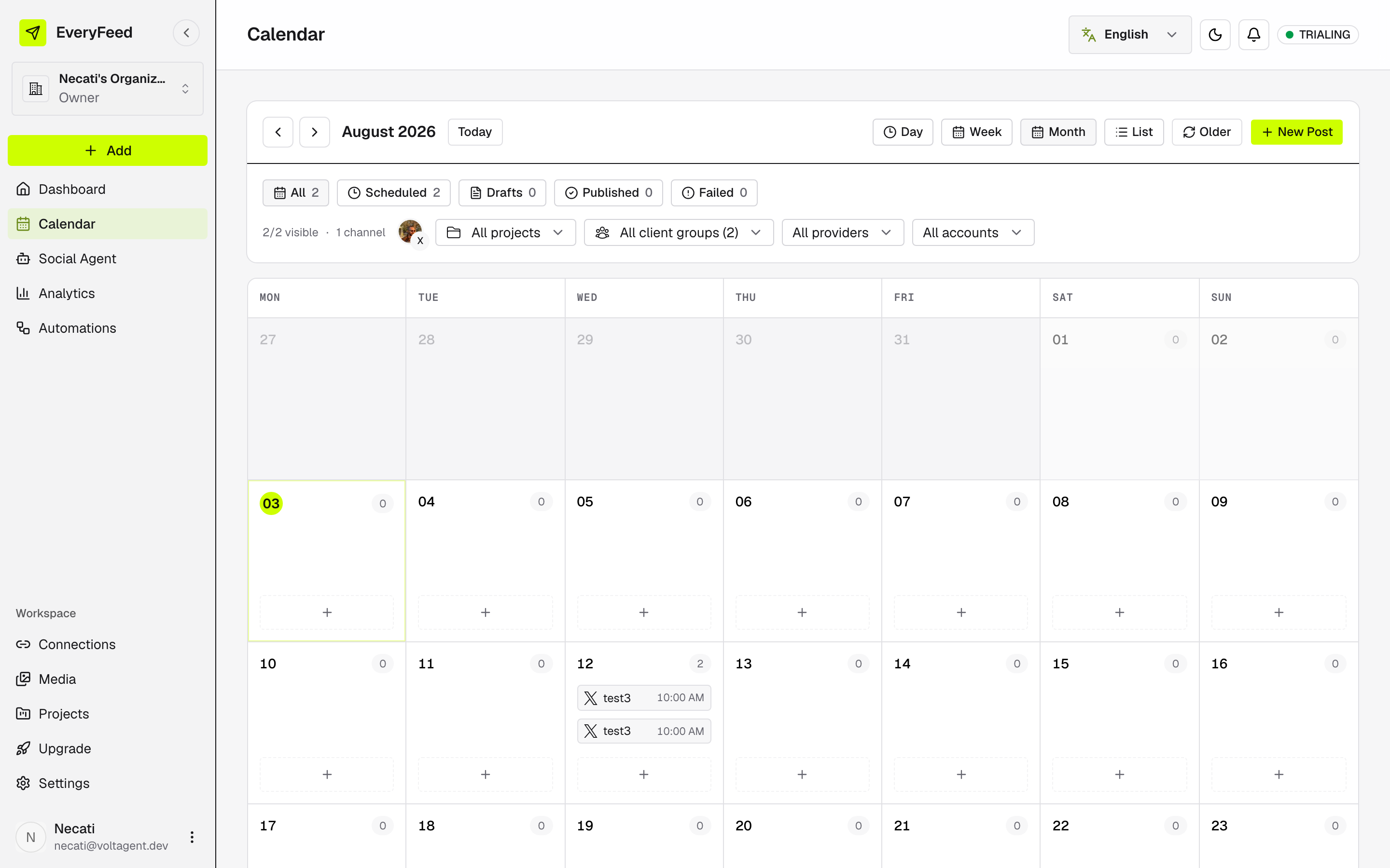 The calendar in month view with state chips, filters, and the view toggle