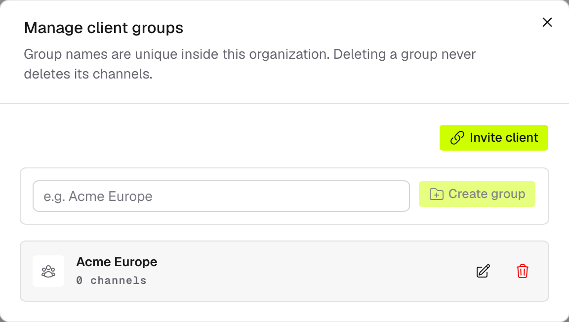 The Manage client groups dialog with the Invite client button and the group name field