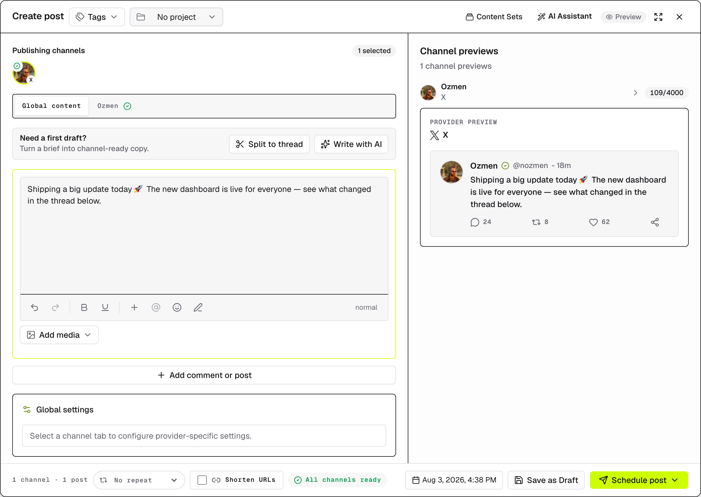 The Create post composer with channels, editor, and footer