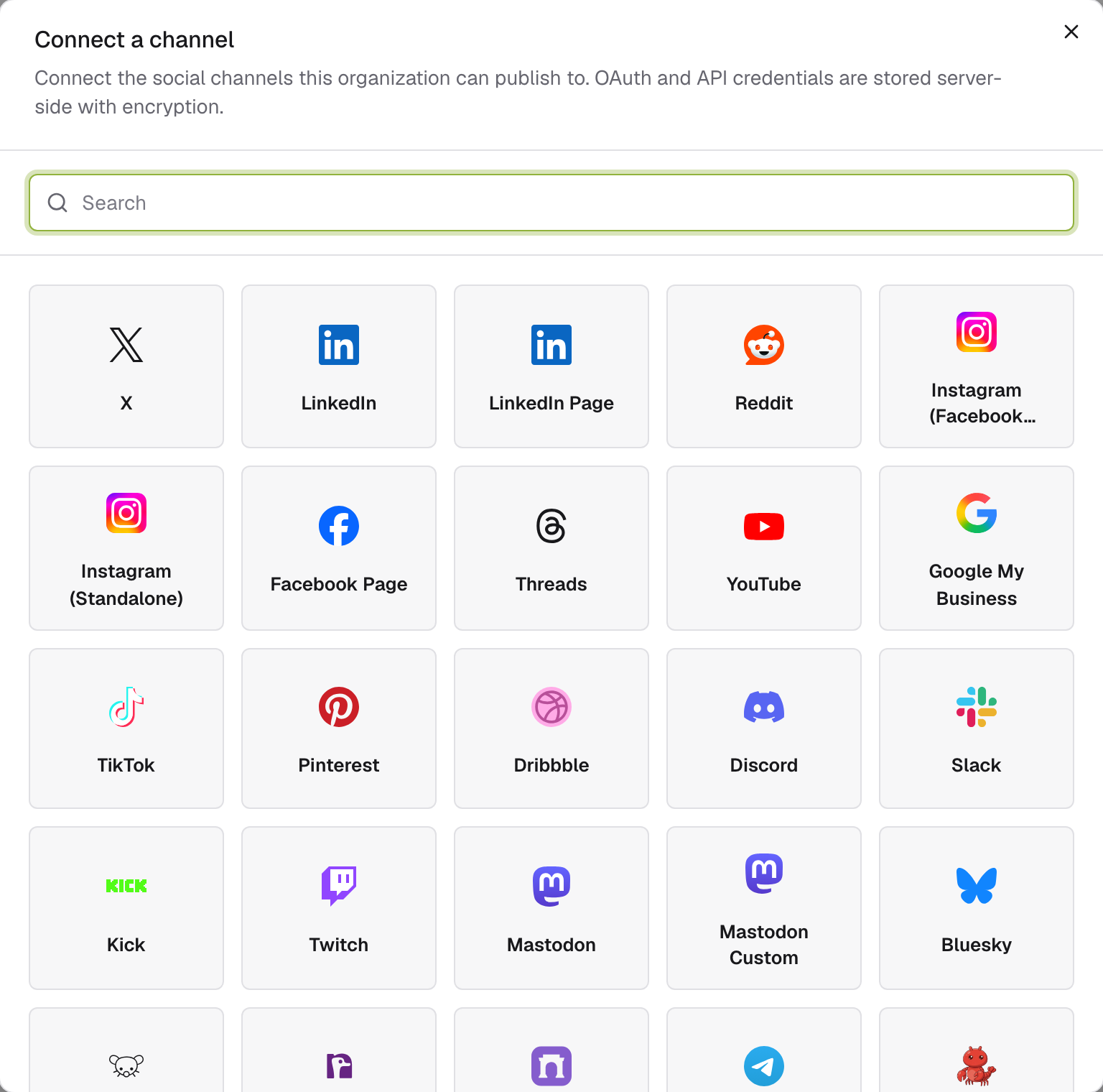The Connect a channel window listing the available providers