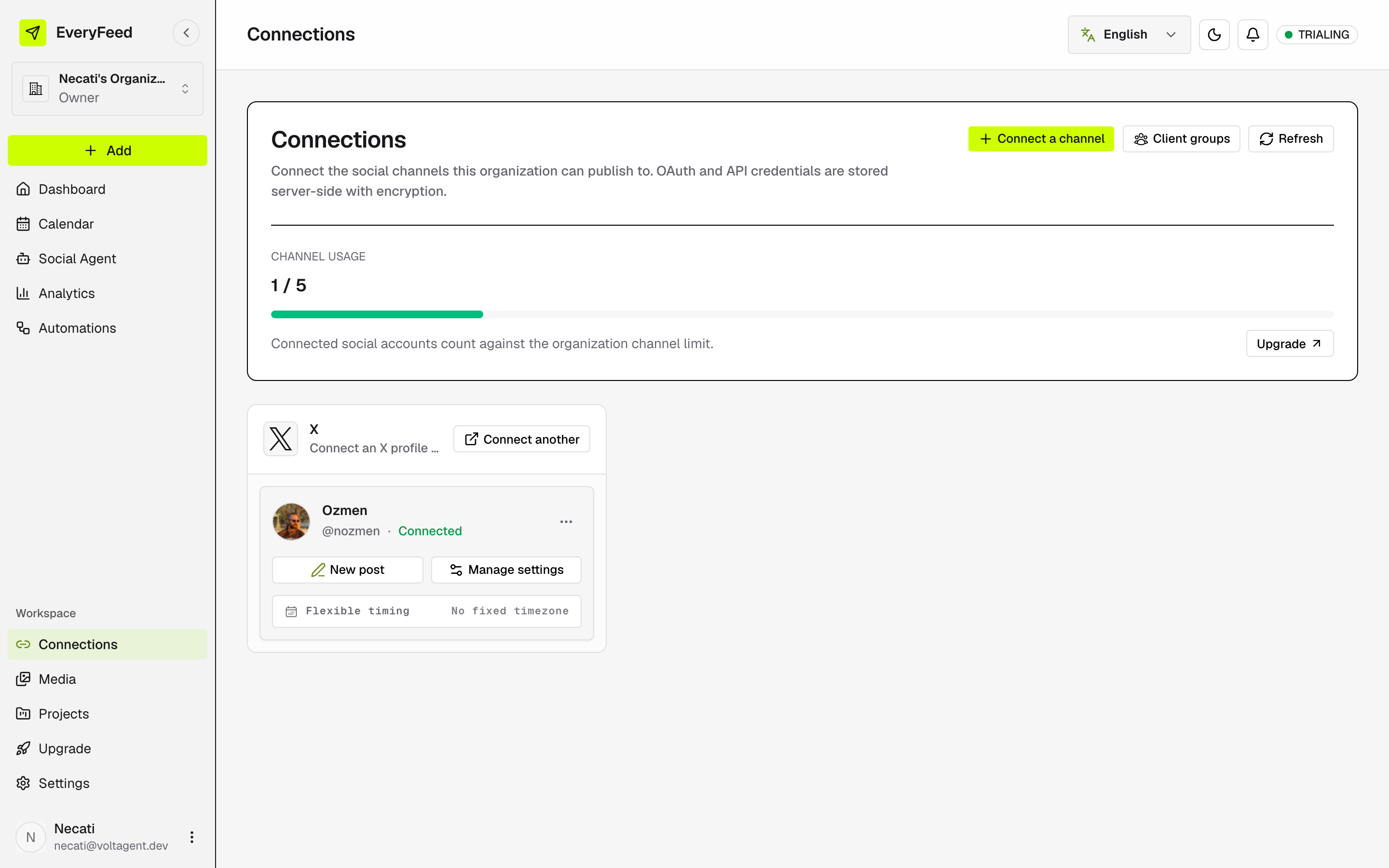 The Connections page with the usage meter and a connected account