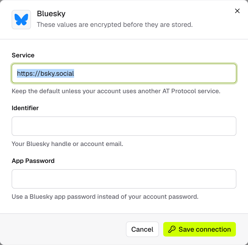 The Bluesky credentials form with Service, Identifier, and App Password fields