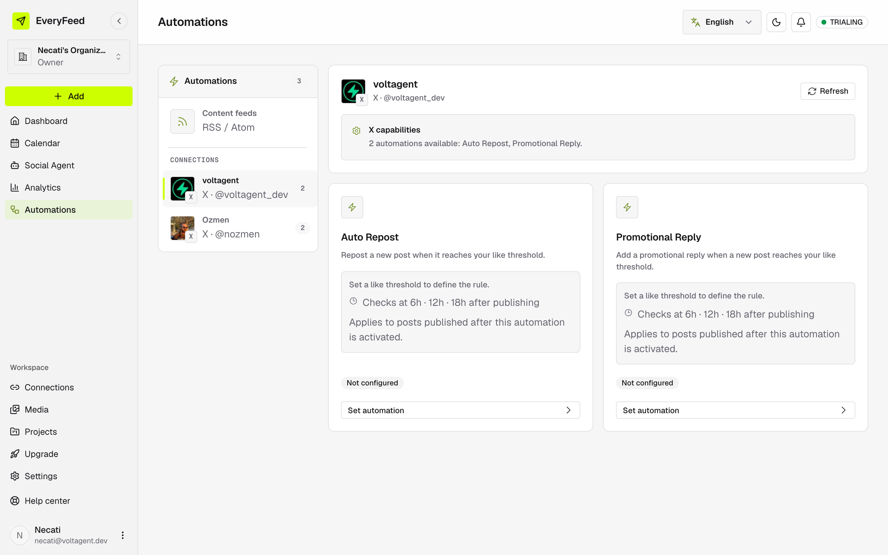 A channel's automation view: the capability note plus the Auto Repost and Promotional Reply cards