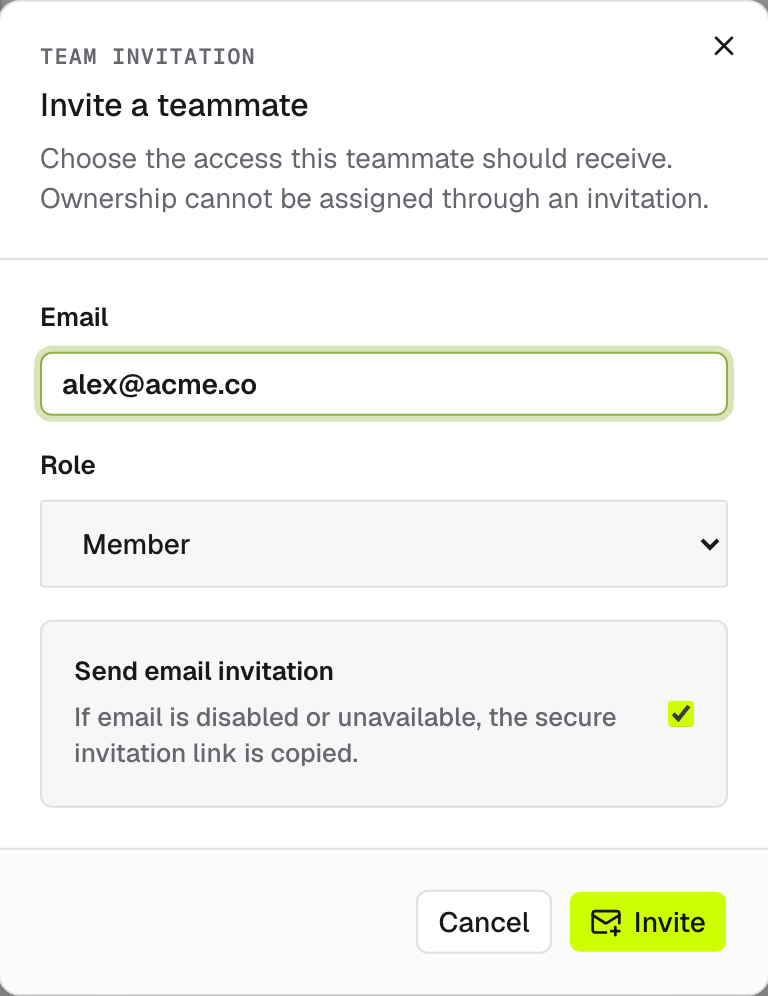 The Invite a teammate dialog with email, role, and the send-email option