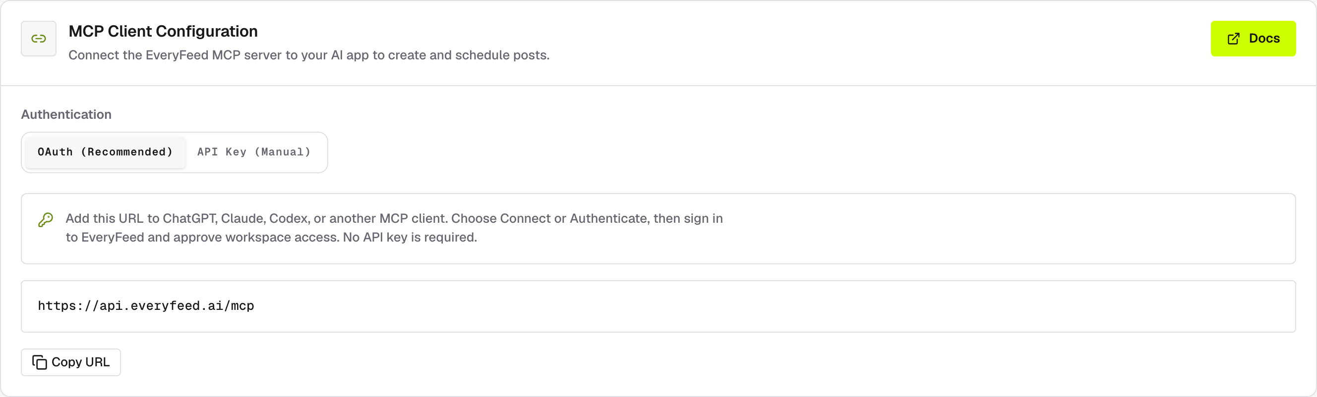 MCP Client Configuration with OAuth selected and the MCP server URL ready to copy