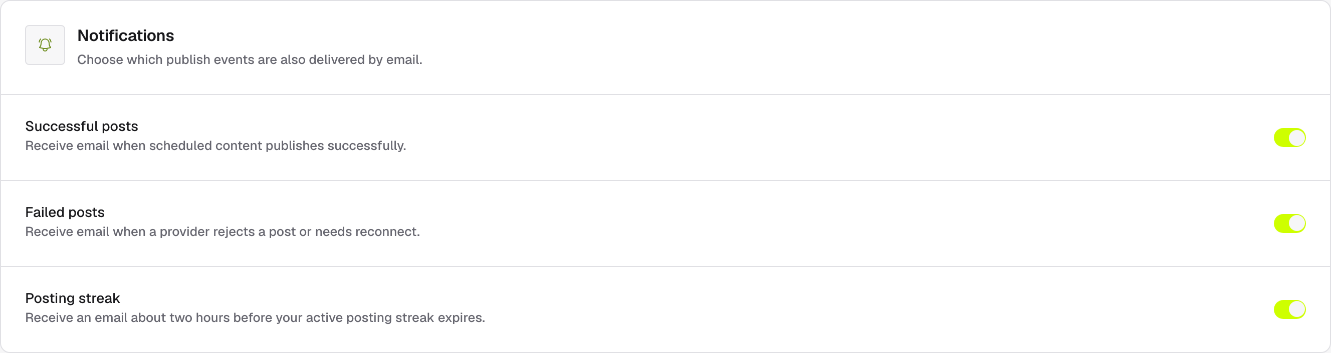 The Notifications panel with the Successful posts, Failed posts, and Posting streak toggles