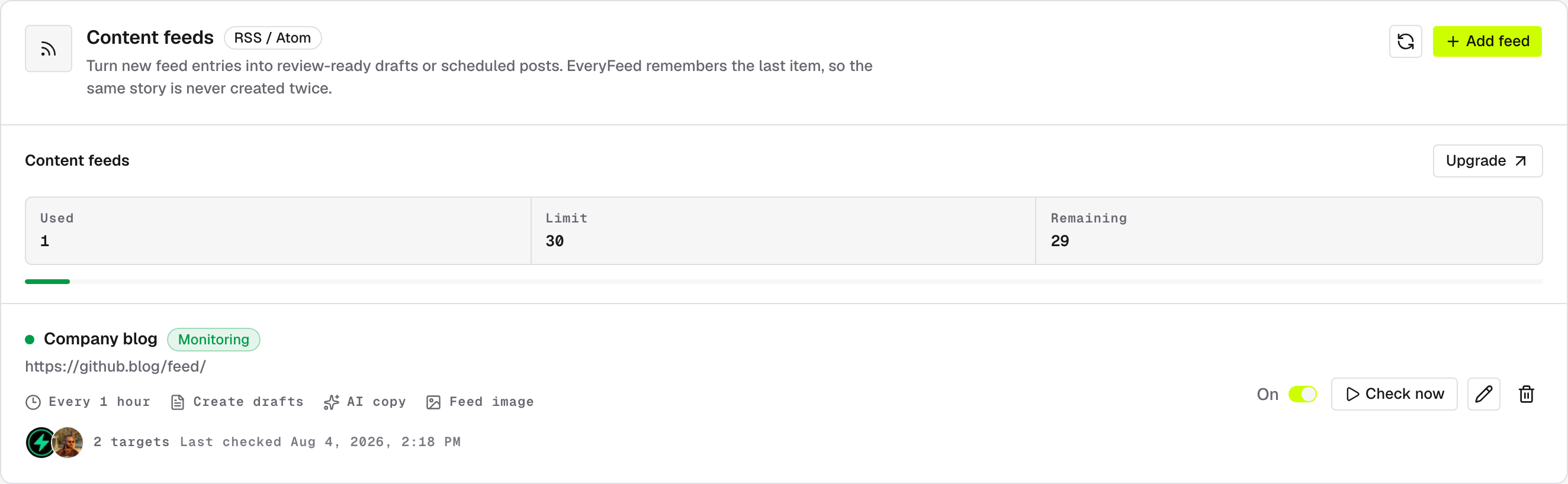 A monitoring feed row with its check interval, output mode, targets, last-checked time, and the Check now button