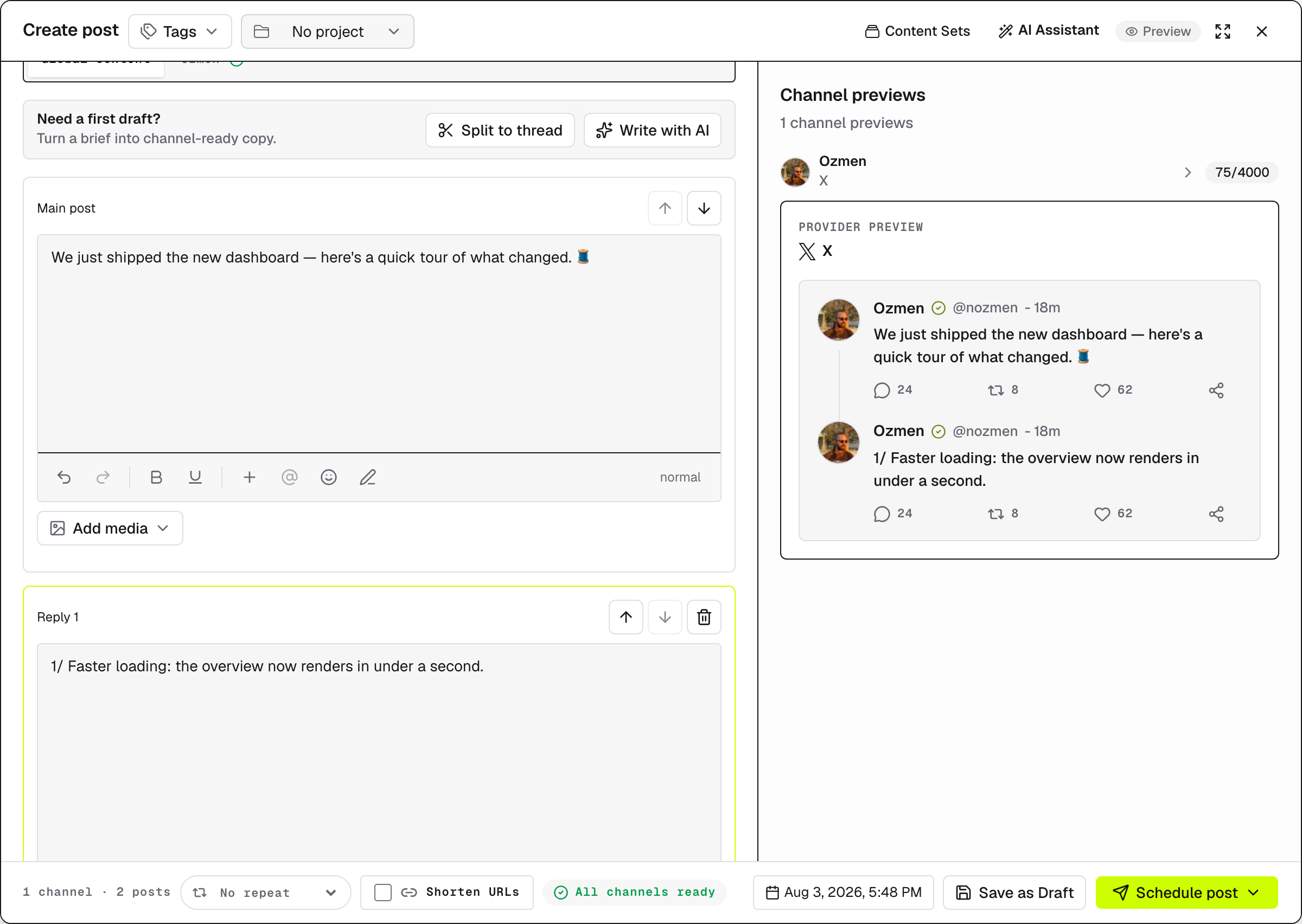 A two-entry thread in the composer, previewed as connected posts on X