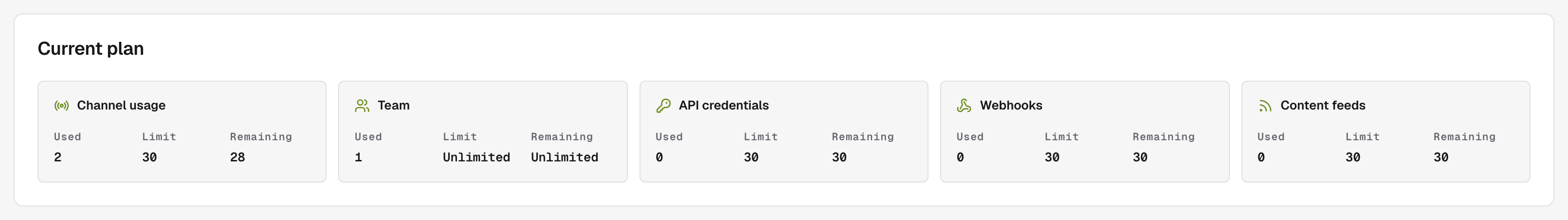 The Current plan meter grid: Channel usage, Team, API credentials, Webhooks, and Content feeds with Used, Limit, and Remaining
