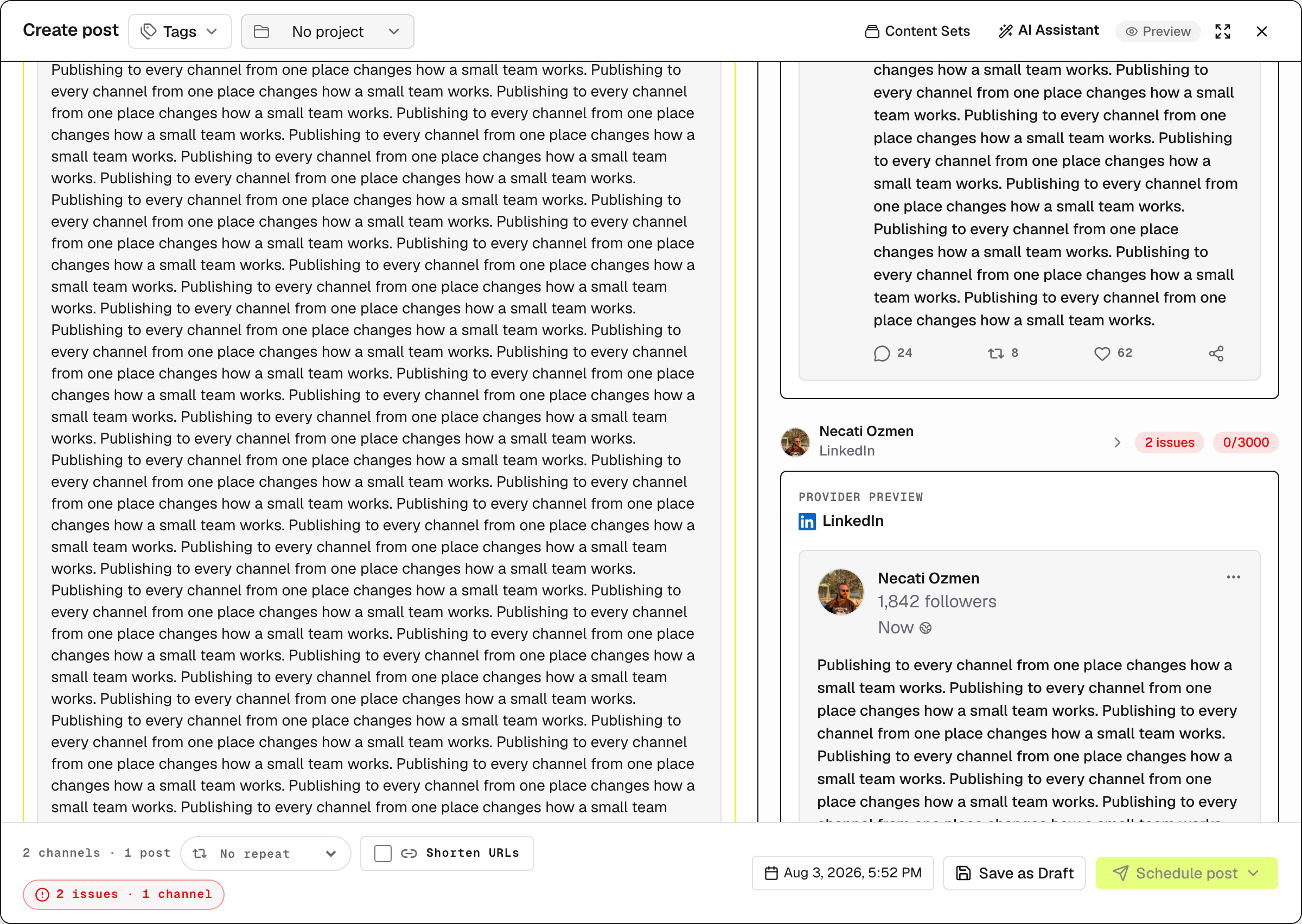 A post that fits X but exceeds LinkedIn's character limit — LinkedIn flagged with 2 issues